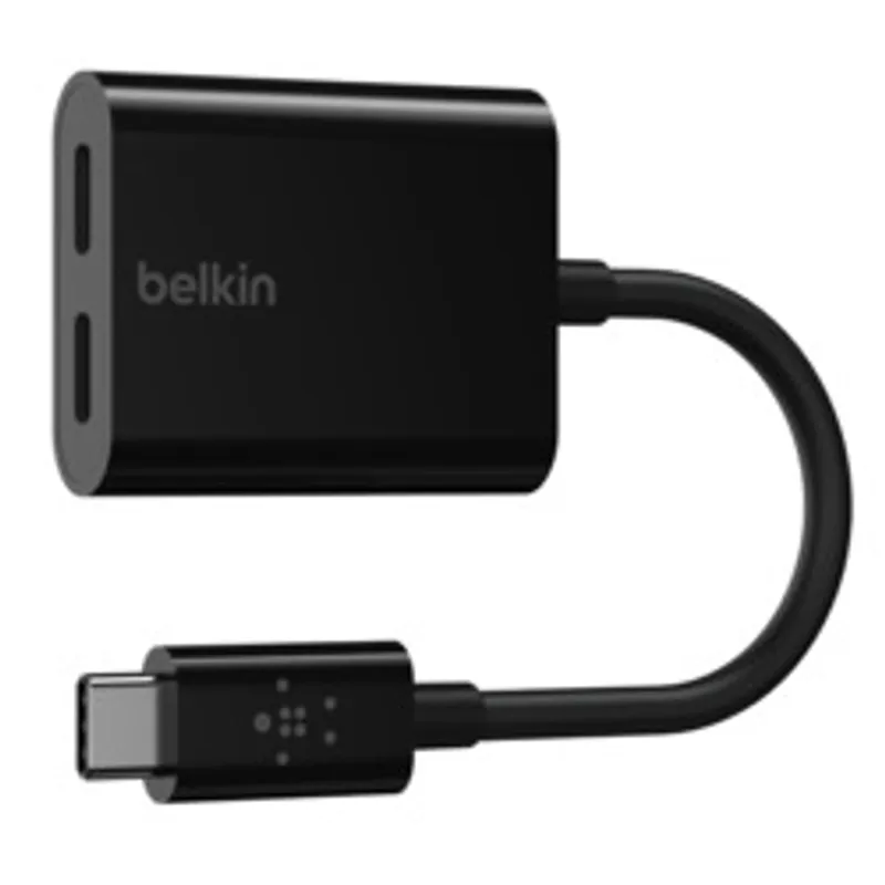 Adaptateur Belkin RockStar USB-C audio et charge noir avec port jack 3,5 mm et connecteur USB-C pour écouteurs et recharge