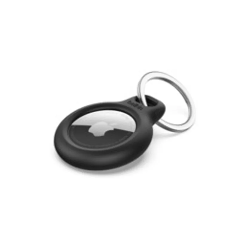 Чёрный держатель Belkin Secure Holder для Apple AirTag с прозрачным окошком и металлическим кольцом на белом фоне.