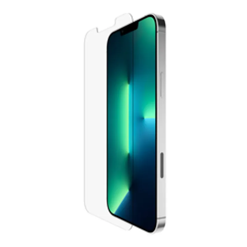 Belkin SCREENFORCE UltraGlass for iPhone 13 Pro Max, tempered glass protector aligned over the phone’s side view with a
