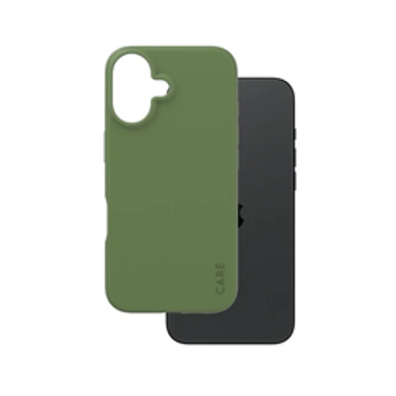 CARE Case Fashion Green iPhone 16, matte green phone case with large camera cutout and CARE text next to black iPhone on