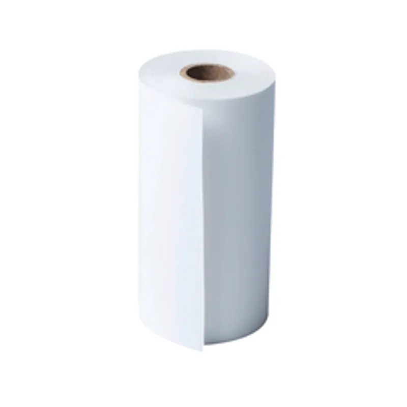 White thermal paper roll for Brother printers, 79mm x 14m, standing upright with brown cardboard core visible and paper