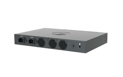 Conmutador de fibra Cambium Networks cnMatrix EX3024F visto desde atrás con dos entradas de alimentación AC, tres rejillas Conmutador de fibra Cambium Networks cnMatrix EX3024F visto desde atrás con dos entradas de alimentación AC, tres rejillas