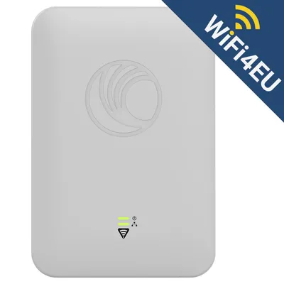 Punto di accesso outdoor Cambium Networks cnPilot E502S 2x2 MIMO dual-band AC con logo centrale, LED verdi e banner WiFi4EU
