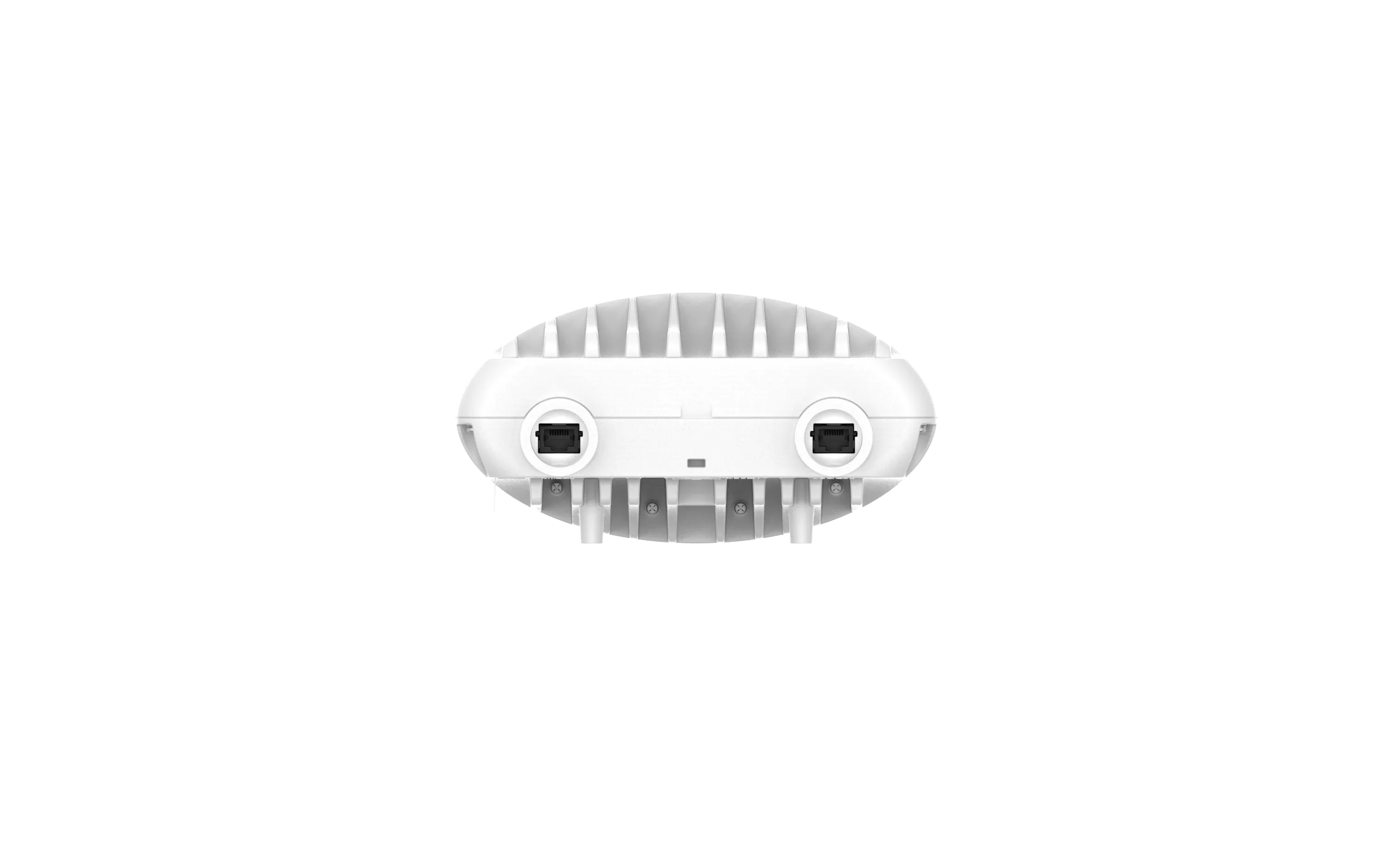 Punto de acceso exterior Cambium Networks XE3-4TN WiFi 6e tri-banda visto desde abajo con puertos Ethernet negros, aletas