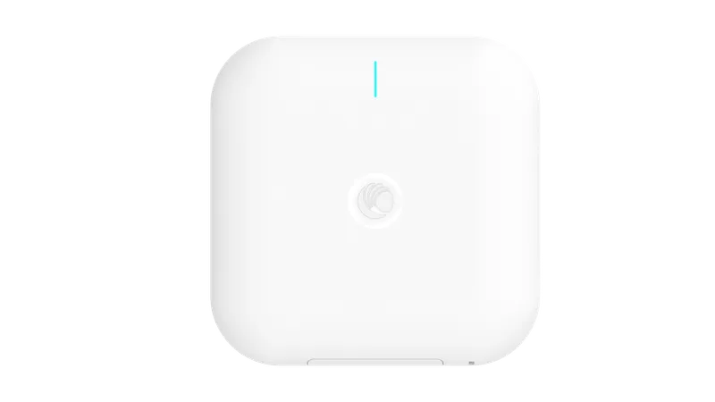 Weißer quadratischer Cambium Networks XV3-8 WLAN-6-Access-Point mit abgerundeten Ecken, zentralem Logo, blauer LED-Anzeige