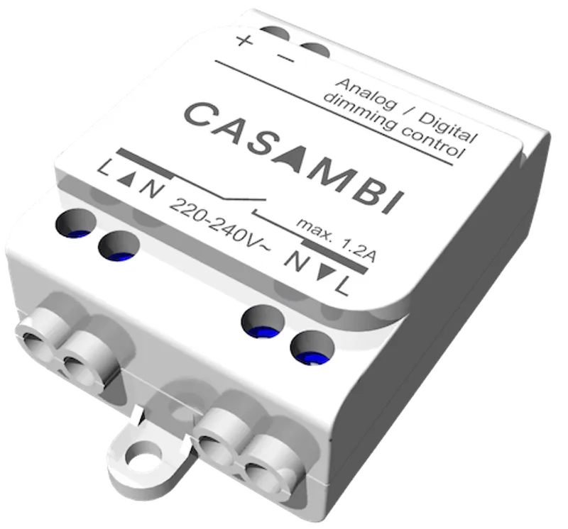 Modulo dimmer Casambi CBU-ASD DALI BC bianco con logo, etichette analogico/digitale e terminali 220-240V per controllo