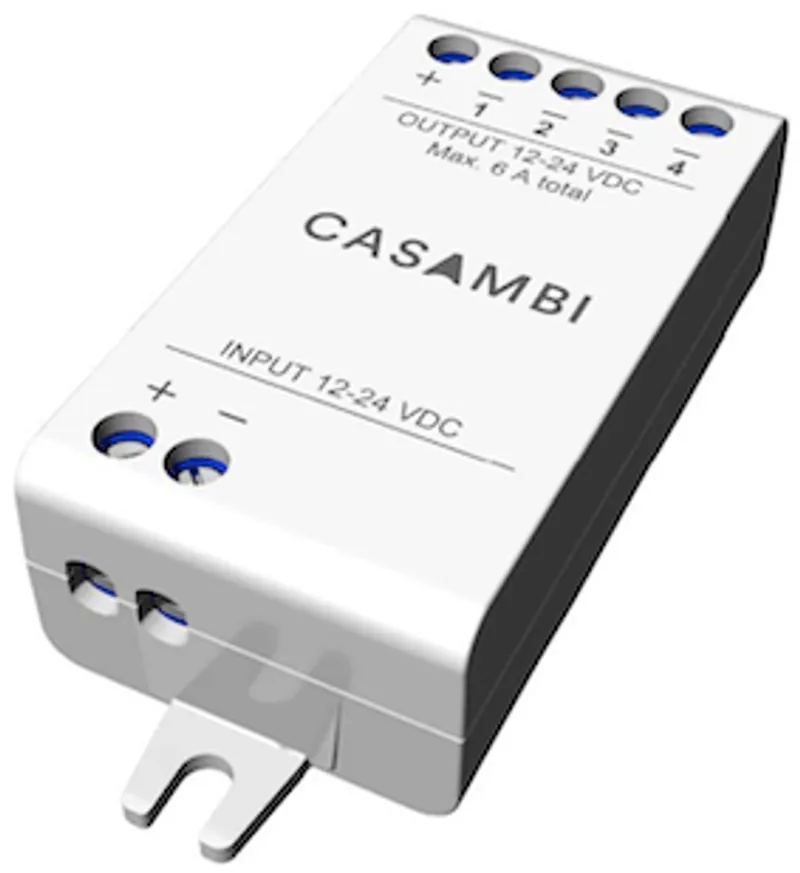 Synergy 21 Casambi CBU-PWM4 RGB-W LED-Controller mit vier Ausgängen und Montagehalterung für professionelle Lichtsteuerung.