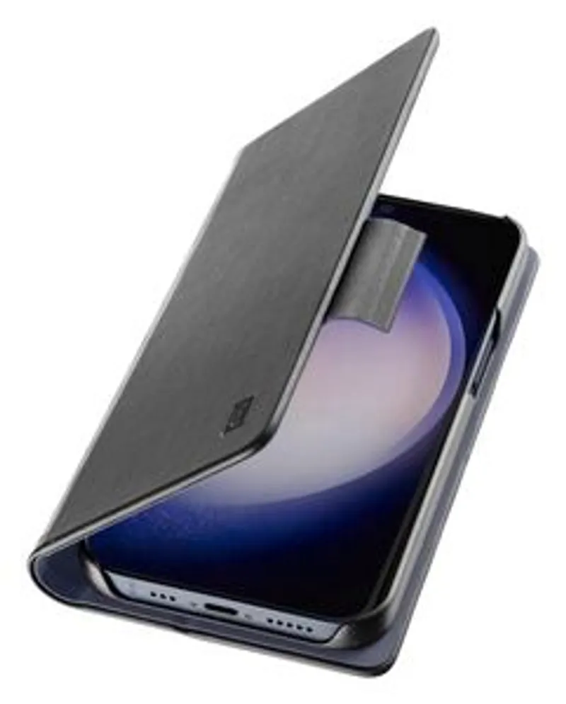 Custodia libro Cellularline per Samsung S24 nera aperta con smartphone visibile e guscio protettivo coordinato.