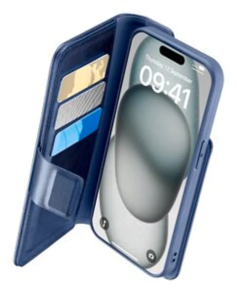 Handyhülle Cellularline Book Agenda 2 für iPhone 15 in Blau geöffnet mit drei Kartenfächern und integriertem Smartphonefach.