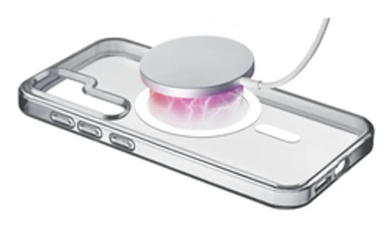 Funda transparente Cellularline Gloss MagSafe para Samsung S25 Ultra con anillo magnético y cargador inalámbrico conectado