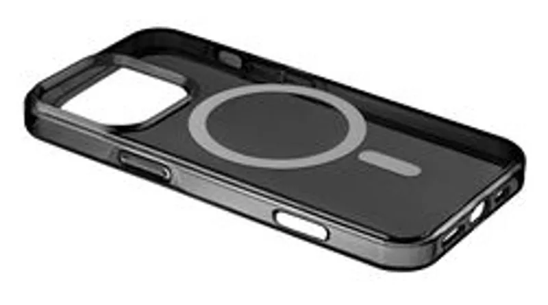 Custodia Gloss MagSafe per iPhone 16 Pro nera lucida con anello magnetico grigio e taglio per fotocamera in vista laterale.