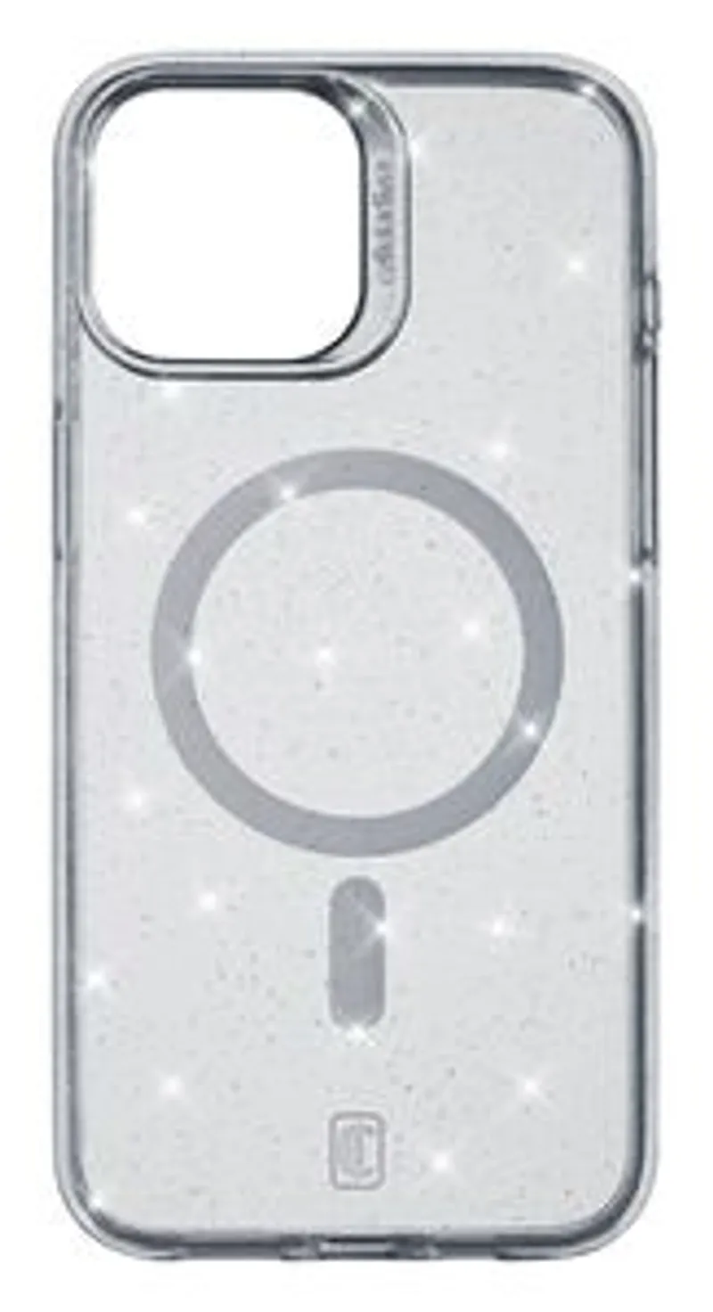 Glitzernde transparente MagSafe-Hülle Cellularline Sparkle für iPhone 15 mit sichtbarem Magnetring und Kameraausschnitt für
