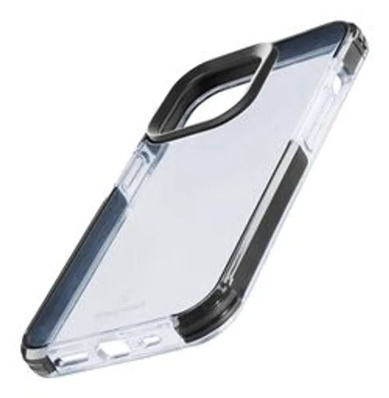 Klares Cellularline Strong Guard Case für iPhone 15 mit schwarzem Kameraschutz und stoßfesten Kanten in 3/4-Rückansicht.