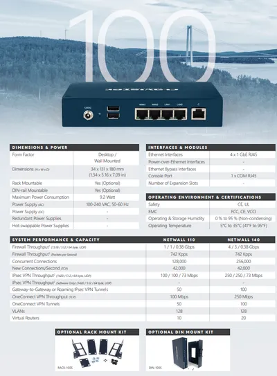Clavister NetWall 100 Series чёрный сетевой шлюз с портами WAN LAN USB и консолью на фоне технической документации