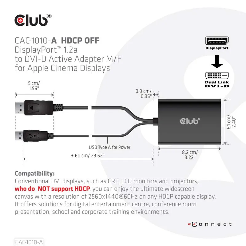 Adattatore attivo Club3D DisplayPort a DVI-D con cavo USB per alimentazione in confezione retail