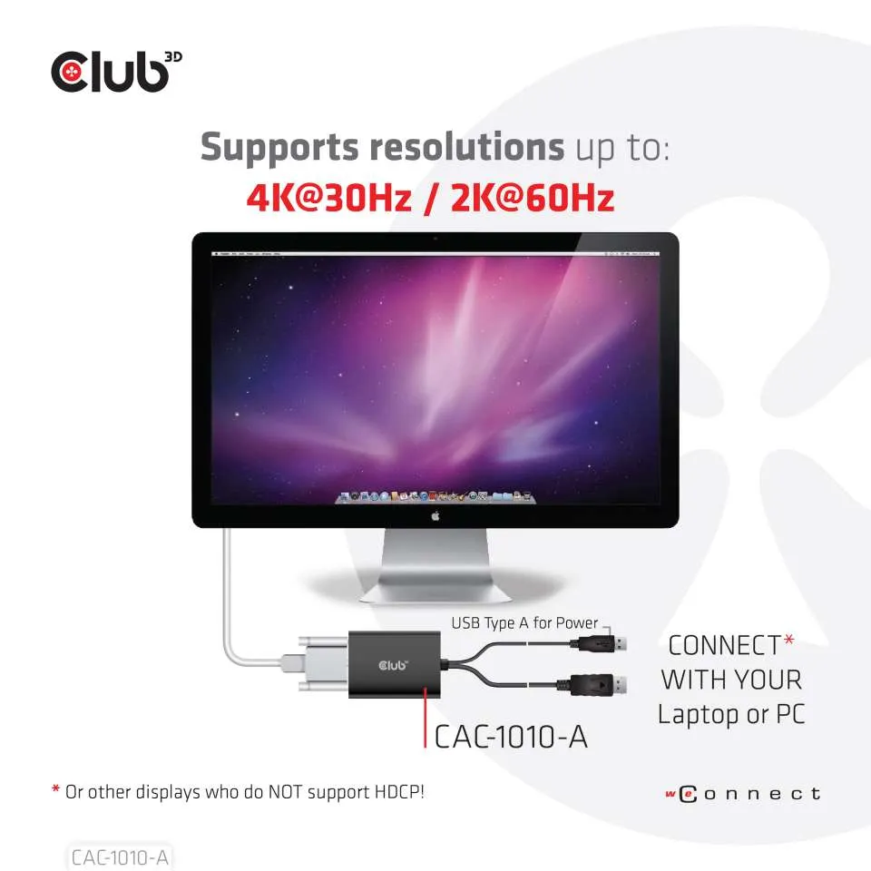Adattatore Club3D DisplayPort a DVI-D HDCP disattivato con cavi USB per alimentazione mostrato sotto un monitor con sfondo Adattatore Club3D DisplayPort a DVI-D HDCP disattivato con cavi USB per alimentazione mostrato sotto un monitor con sfondo