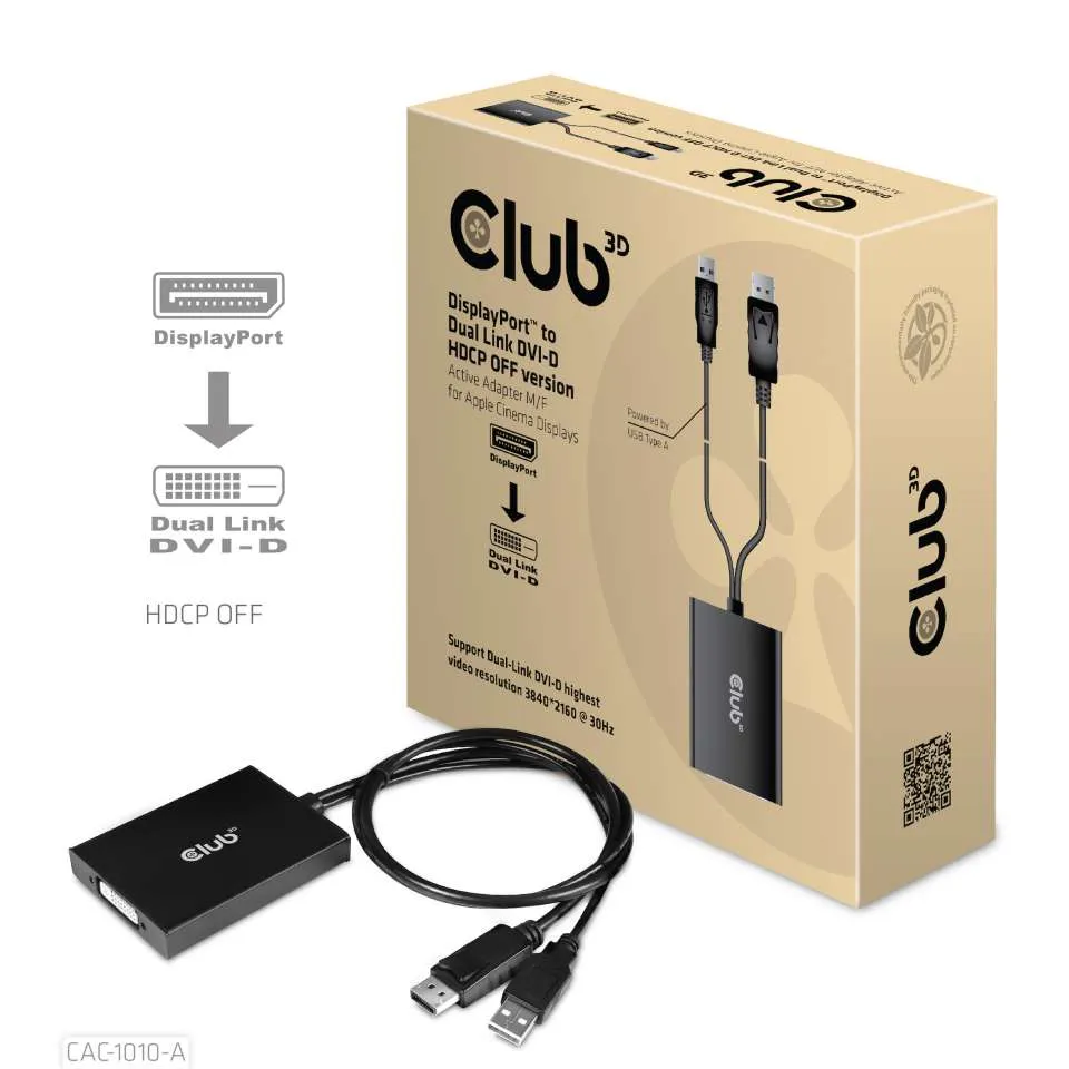 Adattatore Club3D DisplayPort a DVI-D Dual Link HDCP OFF attivo con scatola retail beige e cavi di alimentazione USB Adattatore Club3D DisplayPort a DVI-D Dual Link HDCP OFF attivo con scatola retail beige e cavi di alimentazione USB