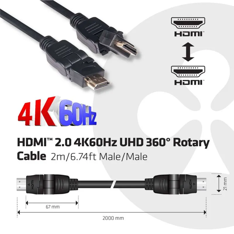 Cable HDMI Club3D 2m 4K60Hz 360° giratorio con conectores macho en ángulos variados sobre fondo blanco mostrando