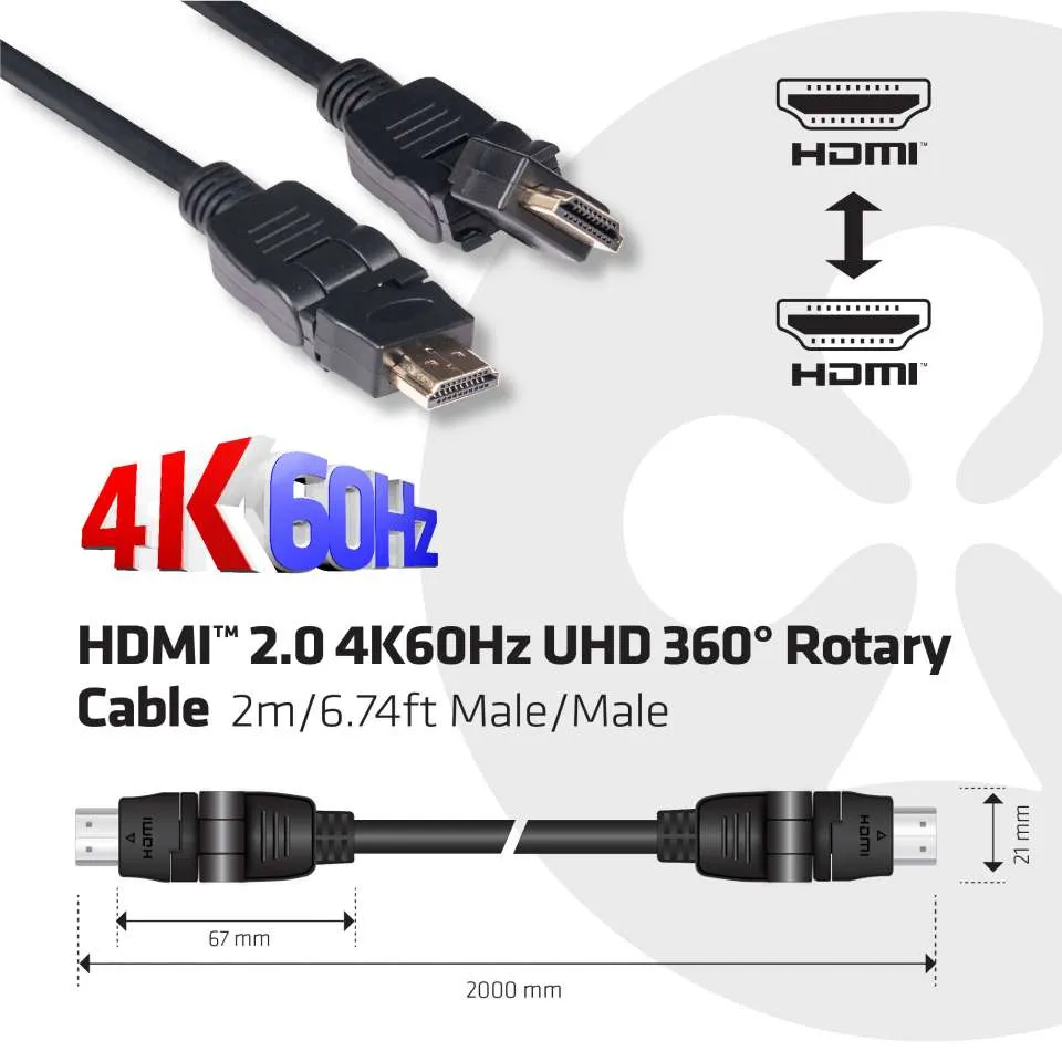 Cable HDMI Club3D 2m 4K60Hz 360° giratorio con conectores macho en ángulos variados sobre fondo blanco mostrando Cable HDMI Club3D 2m 4K60Hz 360° giratorio con conectores macho en ángulos variados sobre fondo blanco mostrando