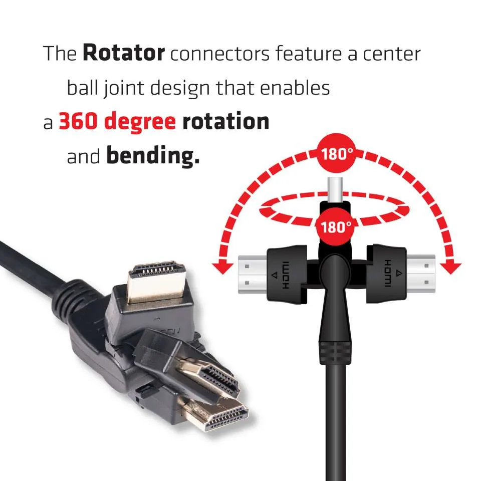 Cable HDMI Club3D 2m 4K60Hz con conector giratorio 360° en ángulos frontal y superior mostrando flexibilidad y diseño de Cable HDMI Club3D 2m 4K60Hz con conector giratorio 360° en ángulos frontal y superior mostrando flexibilidad y diseño de
