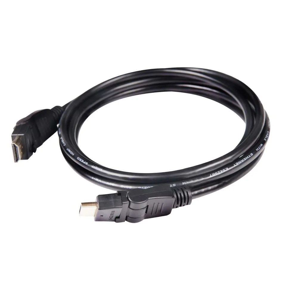 Cable HDMI Club3D A-A 2.0 4K60Hz con conector giratorio 360° de 2 metros enrollado sobre fondo blanco. Cable HDMI Club3D A-A 2.0 4K60Hz con conector giratorio 360° de 2 metros enrollado sobre fondo blanco.