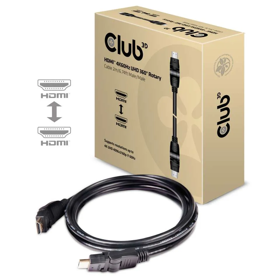 Cable HDMI Club3D 2m 4K60Hz con conector giratorio 360° en caja dorada de retail mostrando diseño y logo. Cable HDMI Club3D 2m 4K60Hz con conector giratorio 360° en caja dorada de retail mostrando diseño y logo.