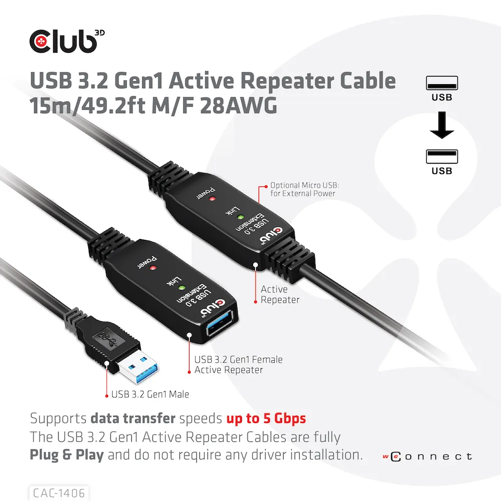 Cable activo Club3D USB 3.2 de 10m con conectores macho y hembra, módulos repetidores y puertos de alimentación opcionales Cable activo Club3D USB 3.2 de 10m con conectores macho y hembra, módulos repetidores y puertos de alimentación opcionales