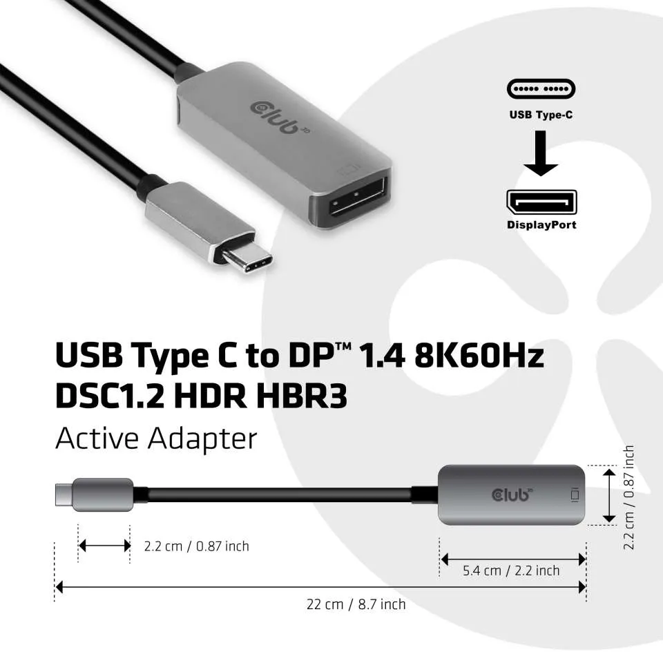 Club3D Adapter USB 3.2 Typ C > DP 1.4 8K60Hz HDR aktiv St/Bu retail