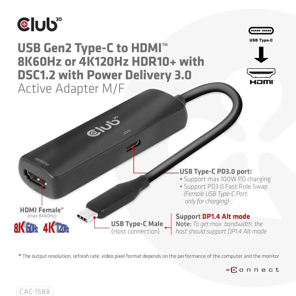 Club3D Adapter USB 3.2 Typ C > HDMI 2.1 HDR10 8K60Hz aktiv retail Club3D Adapter USB 3.2 Typ C > HDMI 2.1 HDR10 8K60Hz aktiv retail