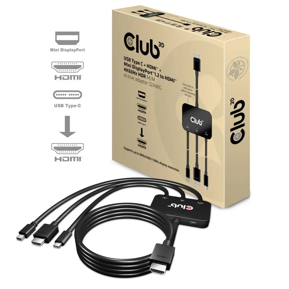 Adapter USB-C + HDMI + Mini DisplayPort 1.2 => HDMI 4K60Hz HDR *Club3D* Aktiv 32 AWG
