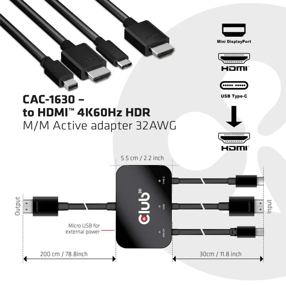 Adapter USB-C + HDMI + Mini DisplayPort 1.2 => HDMI 4K60Hz HDR *Club3D* Aktiv 32 AWG
