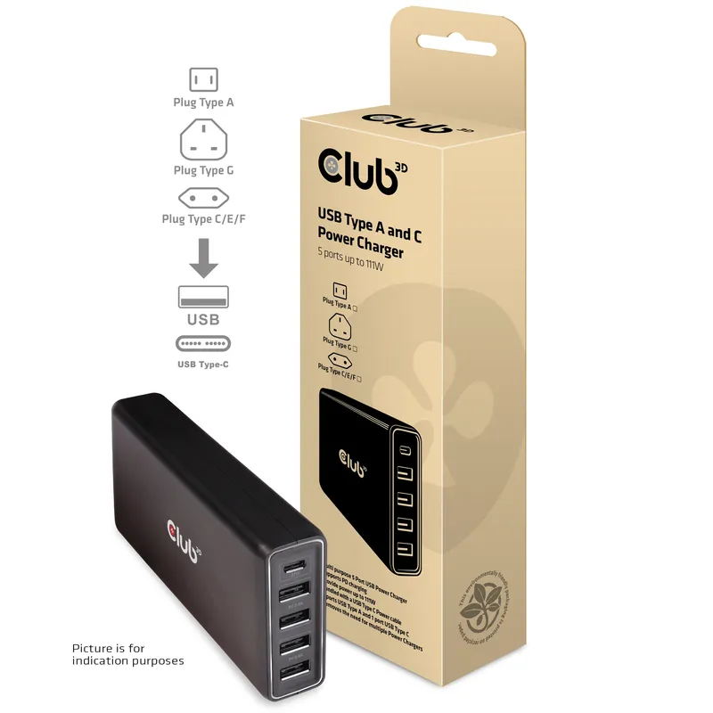 Club3D Schnellladegerät 1xUSB Typ C, 4xUSB Typ A, PD 111W retail