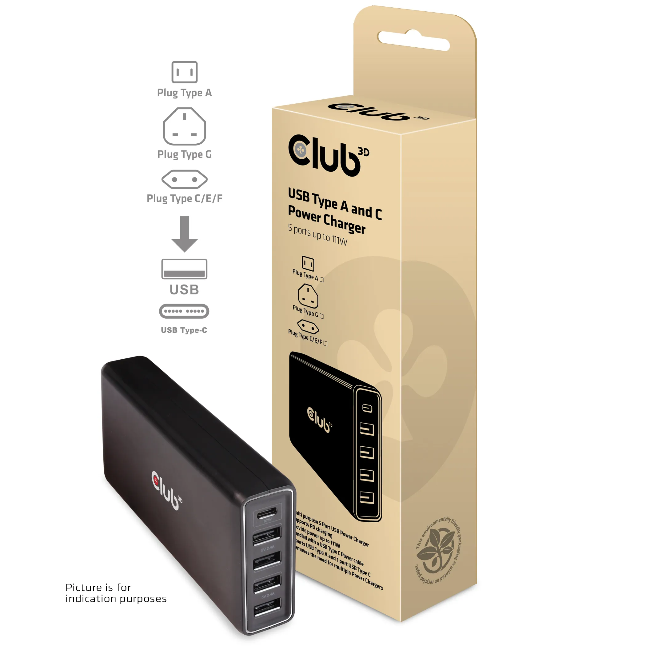 Club3D Schnellladegerät 1xUSB Typ C, 4xUSB Typ A, PD 111W retail Club3D Schnellladegerät 1xUSB Typ C, 4xUSB Typ A, PD 111W retail