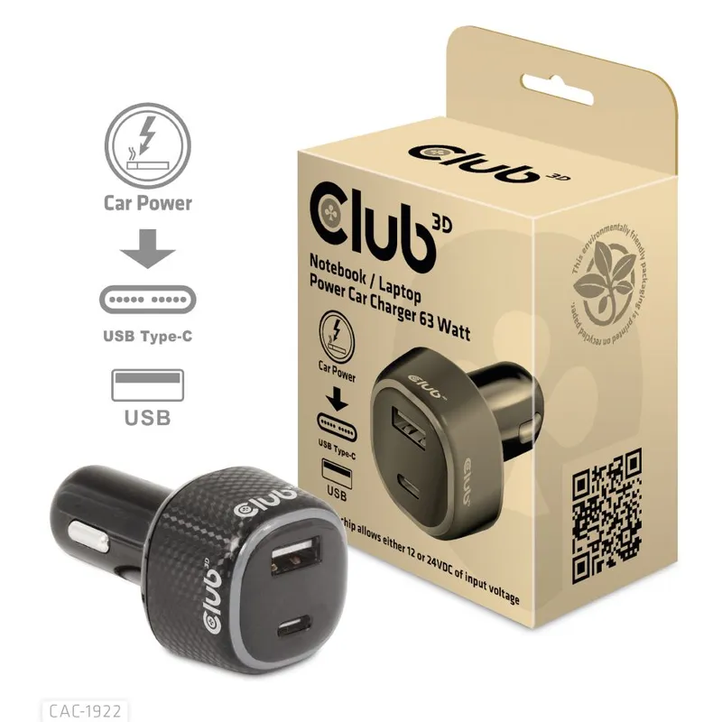 Adattatore auto Club3D USB 63W con porta USB-C e USB-A mostrato accanto alla confezione retail per veicoli 12/24V.