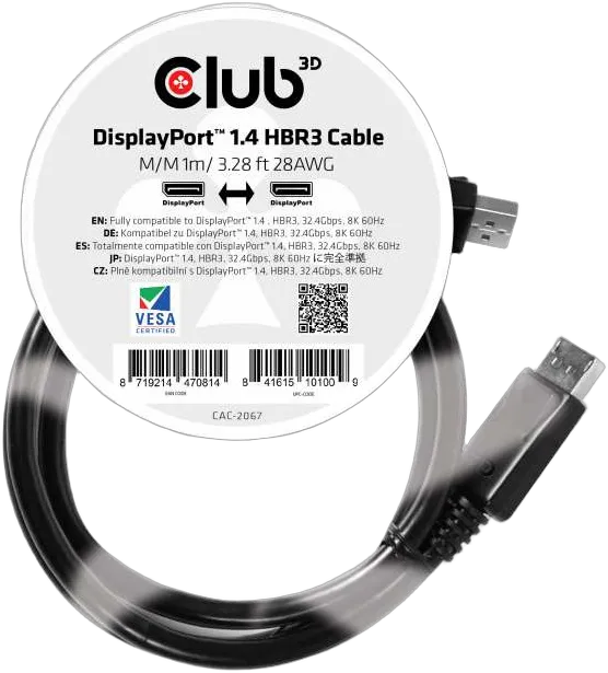 Club3D DisplayPort-Kabel 1.4 HBR3 32,4Gb/s 1m 8K60Hz St/St Polybeutel Club3D DisplayPort-Kabel 1.4 HBR3 32,4Gb/s 1m 8K60Hz St/St Polybeutel