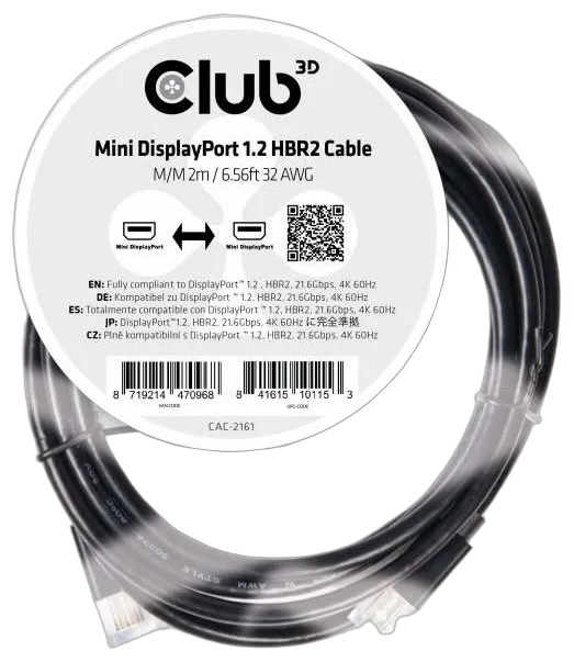 Club3D Mini-DP-Kabel 1.2 HBR2 21,6Gb/s 2m 4K60Hz St/St Polybeutel Club3D Mini-DP-Kabel 1.2 HBR2 21,6Gb/s 2m 4K60Hz St/St Polybeutel