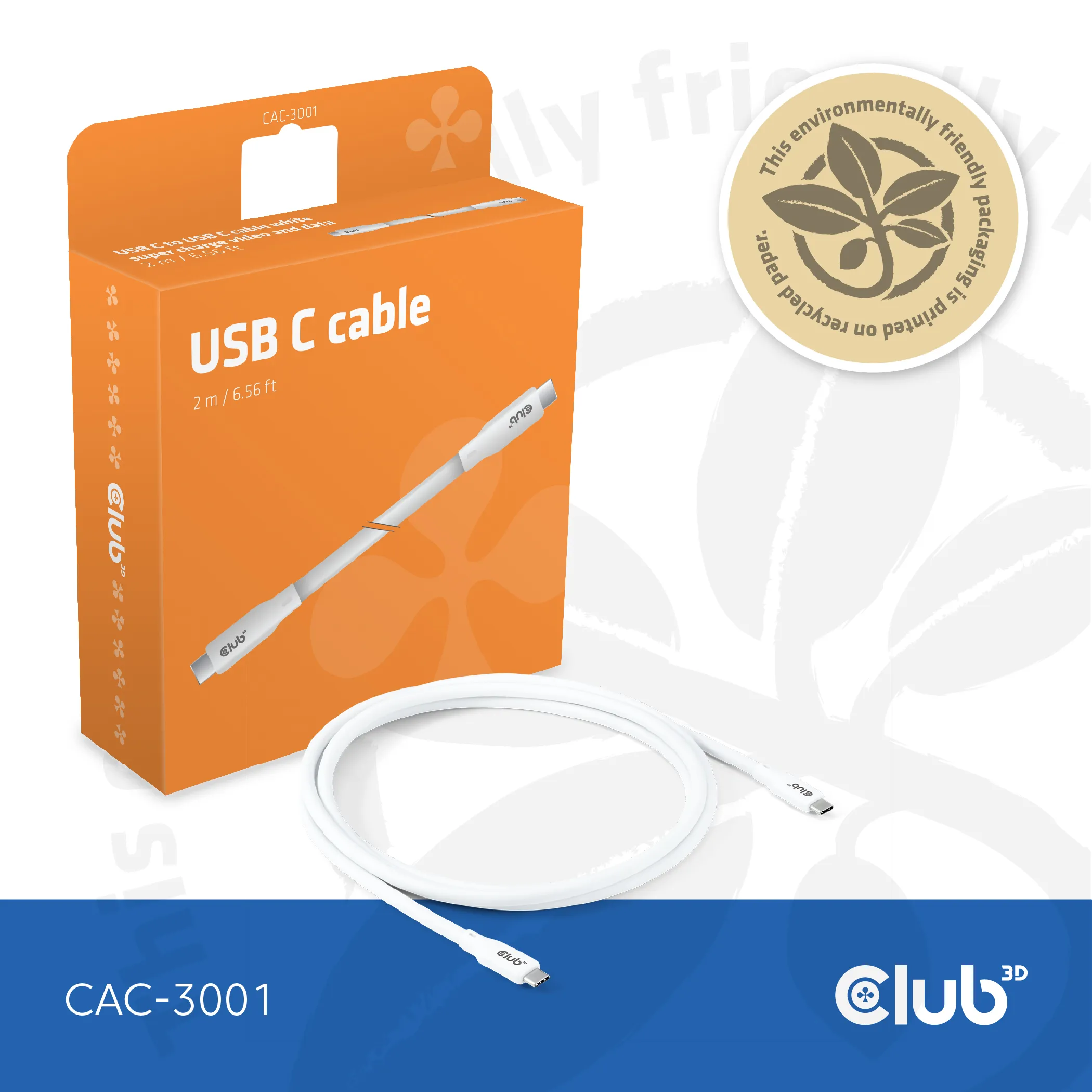 Club3D Lifestyle USB-C Kabel  PD 240W,20Gbps  2m weiß  St/St retail