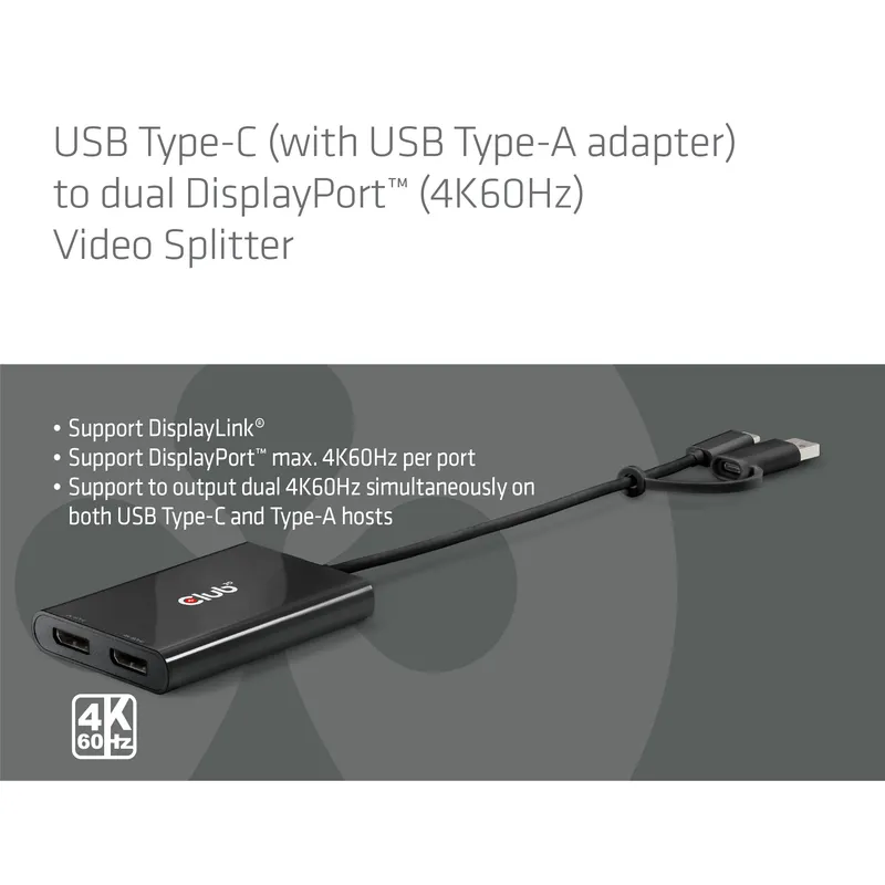 Club3D Adapter USB-C (USB A Adapter) > 2x DP   4K@60Hz St/Bu retail