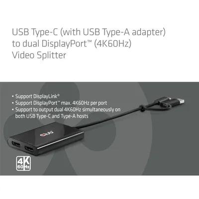 Club3D Adapter USB-C (USB A Adapter) > 2x DP 4K@60Hz St/Bu retail