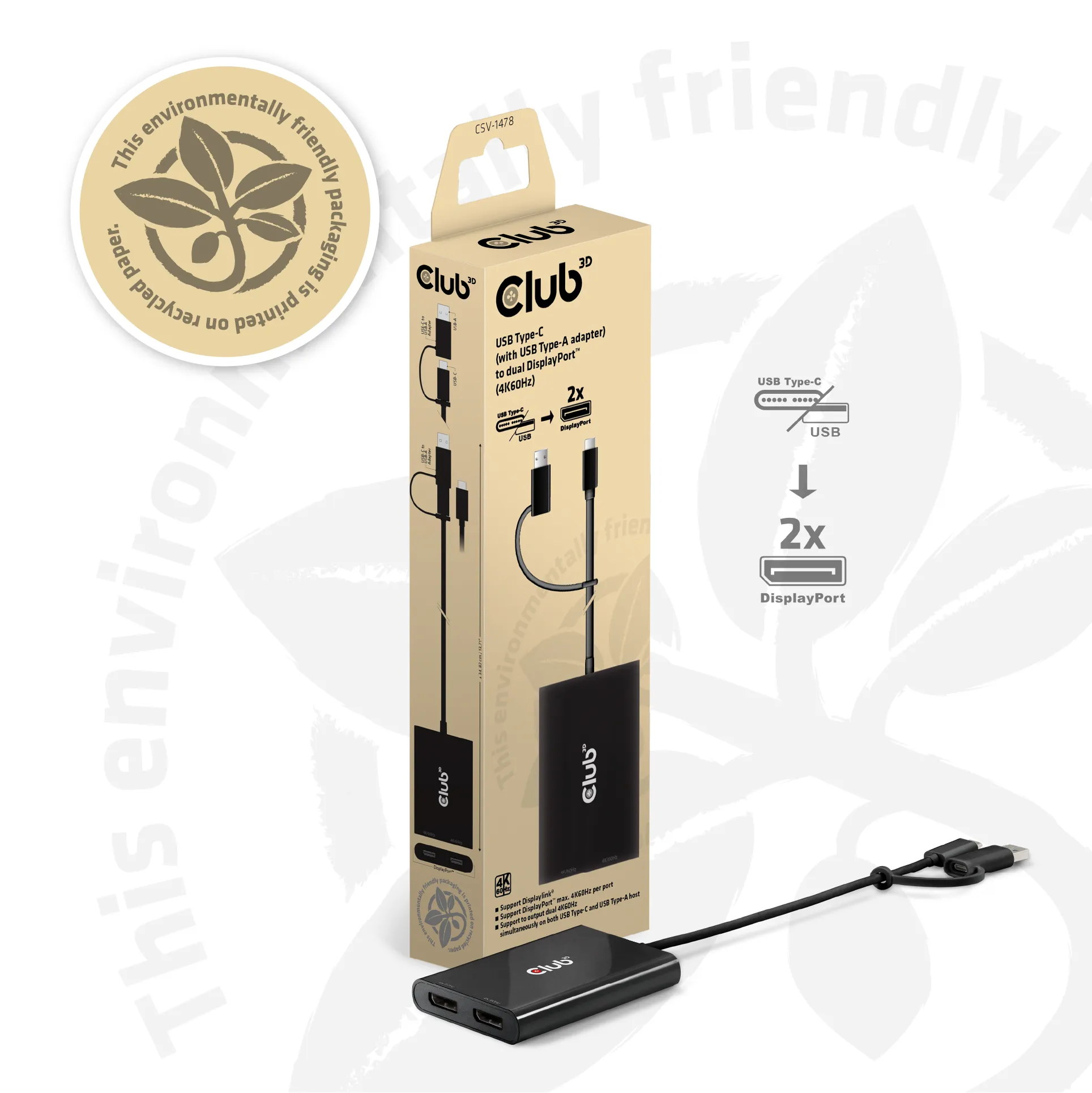 Club3D Adapter USB-C (USB A Adapter) > 2x DP 4K@60Hz St/Bu retail Club3D Adapter USB-C (USB A Adapter) > 2x DP 4K@60Hz St/Bu retail