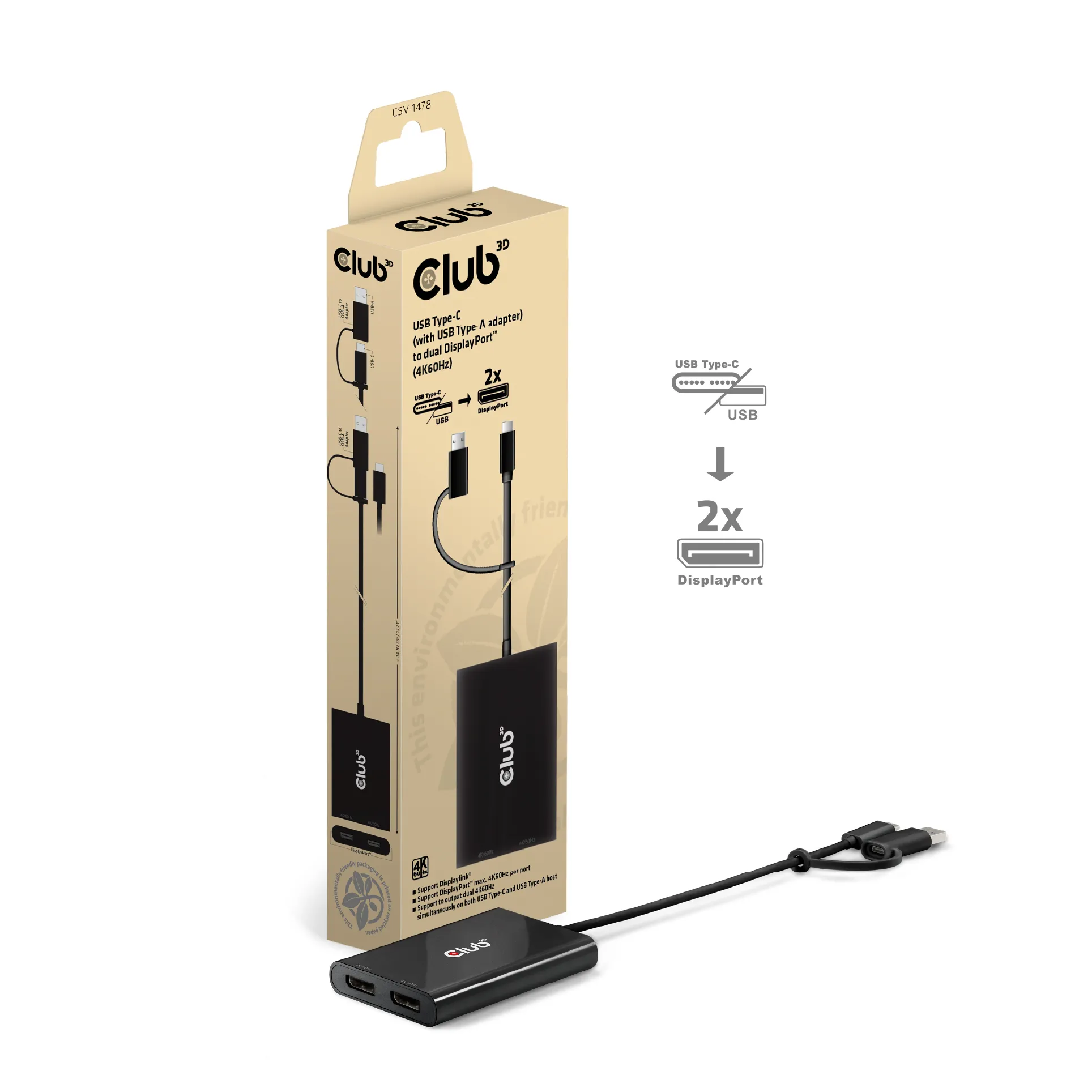 Club3D Adapter USB-C (USB A Adapter) > 2x DP 4K@60Hz St/Bu retail Club3D Adapter USB-C (USB A Adapter) > 2x DP 4K@60Hz St/Bu retail