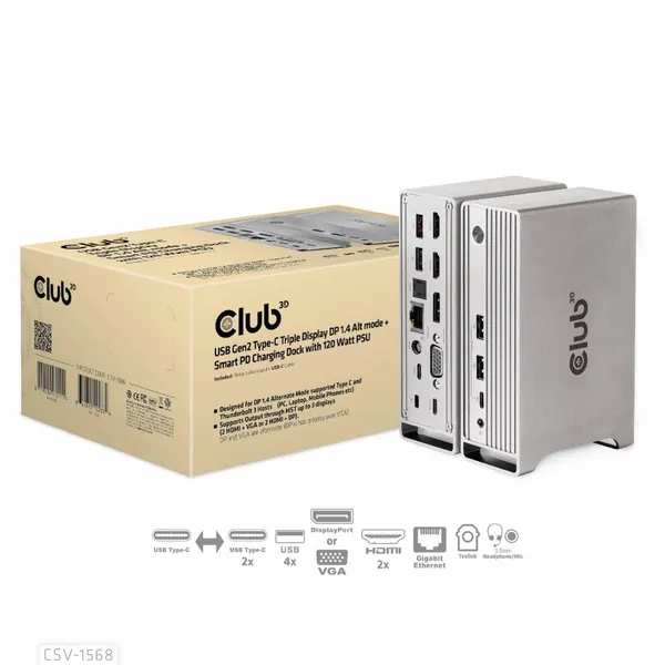 Club3D 4K ChargingDock USB-C ->6xUSB3/DP/2xHDMI/VGA/LAN 120W retail