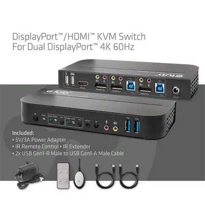 Коммутатор Club3D KVM Switch 4K60Hz с двумя DisplayPort и HDMI, USB и аудиоразъёмами, два устройства с кабелями и