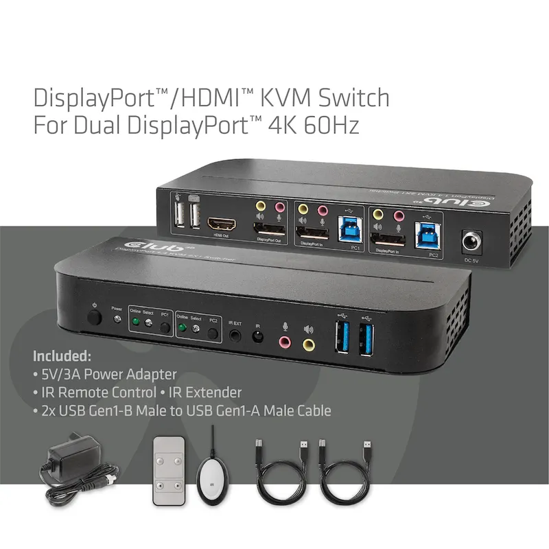 Коммутатор Club3D KVM Switch 4K60Hz с двумя DisplayPort и HDMI, USB и аудиоразъёмами, два устройства с кабелями и