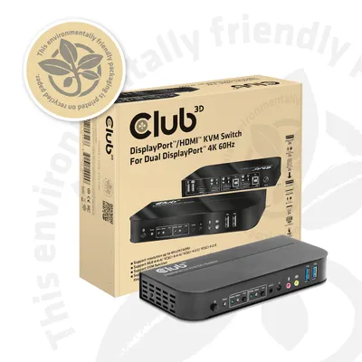 Коммутатор Club3D KVM Switch 4K60Hz 2xDP на чёрном фоне рядом с экоупаковкой и значком экологичности.