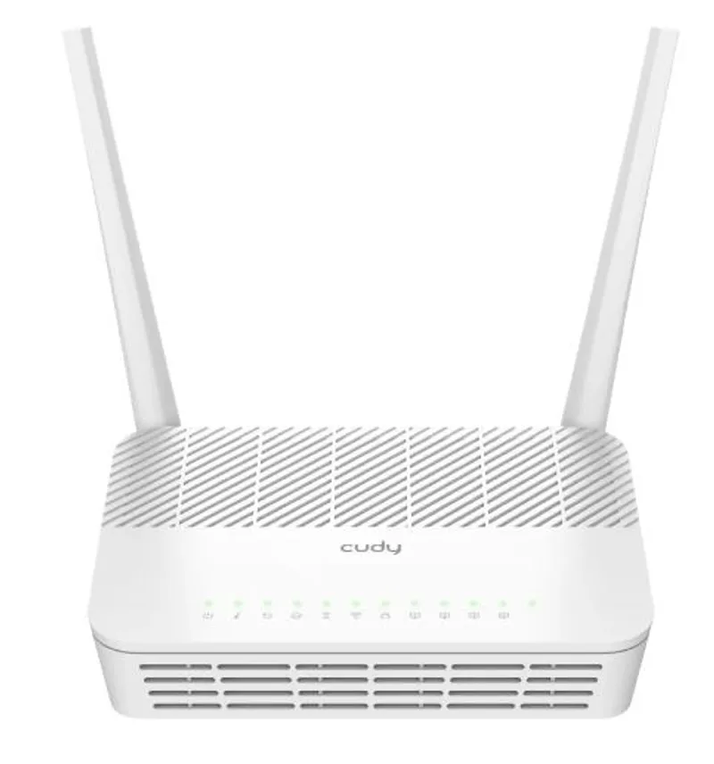 Cudy AC1200 Wi-Fi GPON Router GP1200 con dos antenas externas blancas, rejilla diagonal, logo central y luces LED verdes en