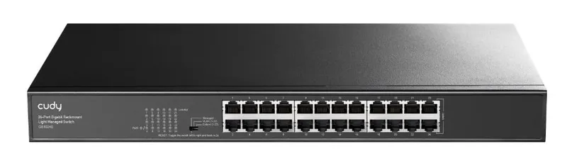 Cudy GS1024E 24-port Gigabit rackmount switch with dual-row RJ45 ports, status LEDs, and logo for light-managed network