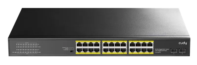 Conmutador Cudy GS1028PS2 de 24 puertos Gigabit PoE+ con 2 SFP, panel frontal negro con indicadores LED, botón de modo y