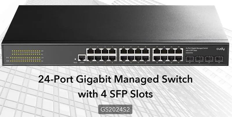 Cudy GS2024S2 24-Port Layer-2-Managed-Gigabit-Switch mit 4 SFP-Slots, schwarze Frontansicht mit 24 RJ45-Ports,