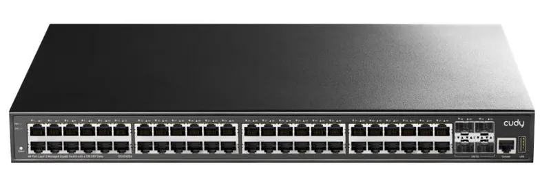 Cudy GS5048S4 48-портовый управляемый гигабитный коммутатор 3 уровня с 4 слотами SFP+ 10G, вид спереди с портами RJ45,